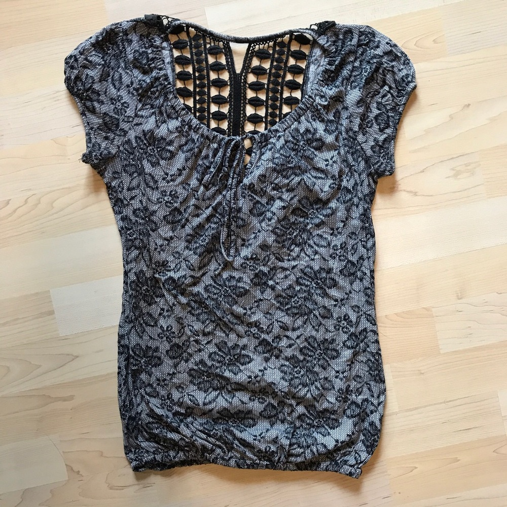 Vintage Lace Printed Short Sleeve Blouse